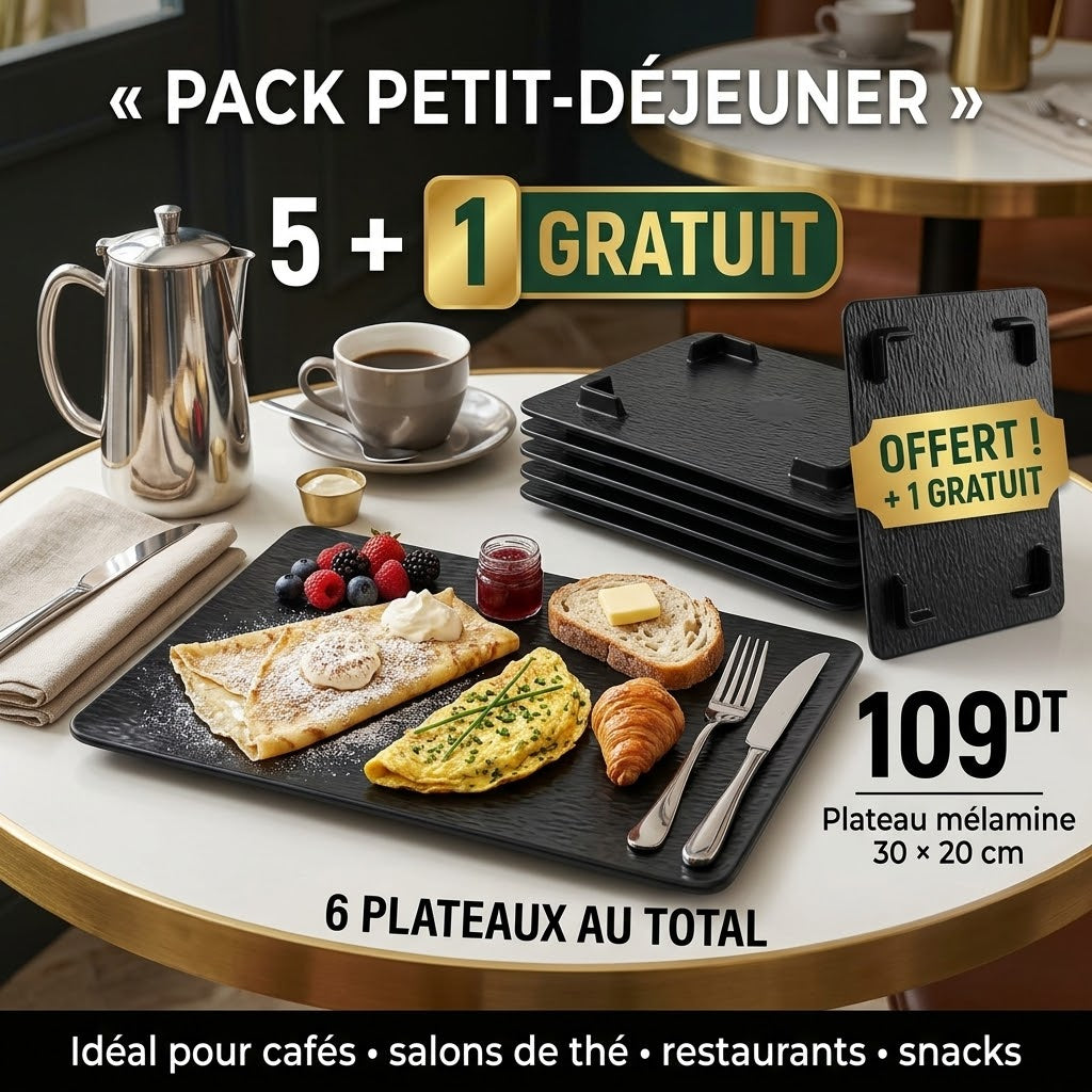 Pack Petit-Déjeuner 6 Plateaux Mélanine Noir 30x20cm 5+1 Gratuit Melamine Home