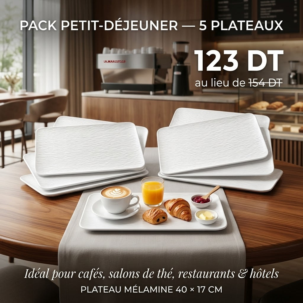 Pack Petit-Déjeuner 5 Plateaux Mélanine Blanc 40x17cm Melamine Home
