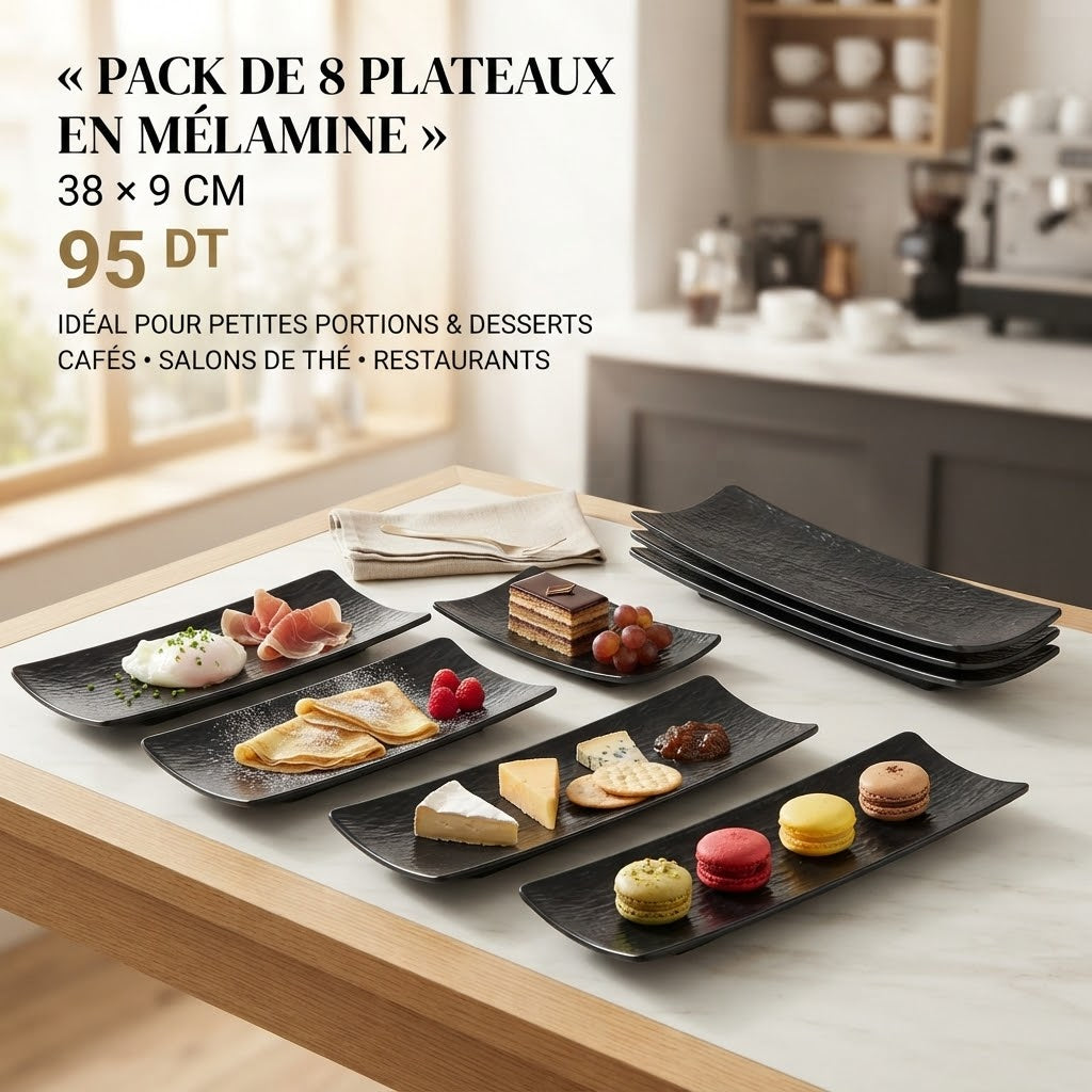 Pack 8 Plateaux Mélanine Noir 38x9cm Petites Portions Desserts Melamine Home
