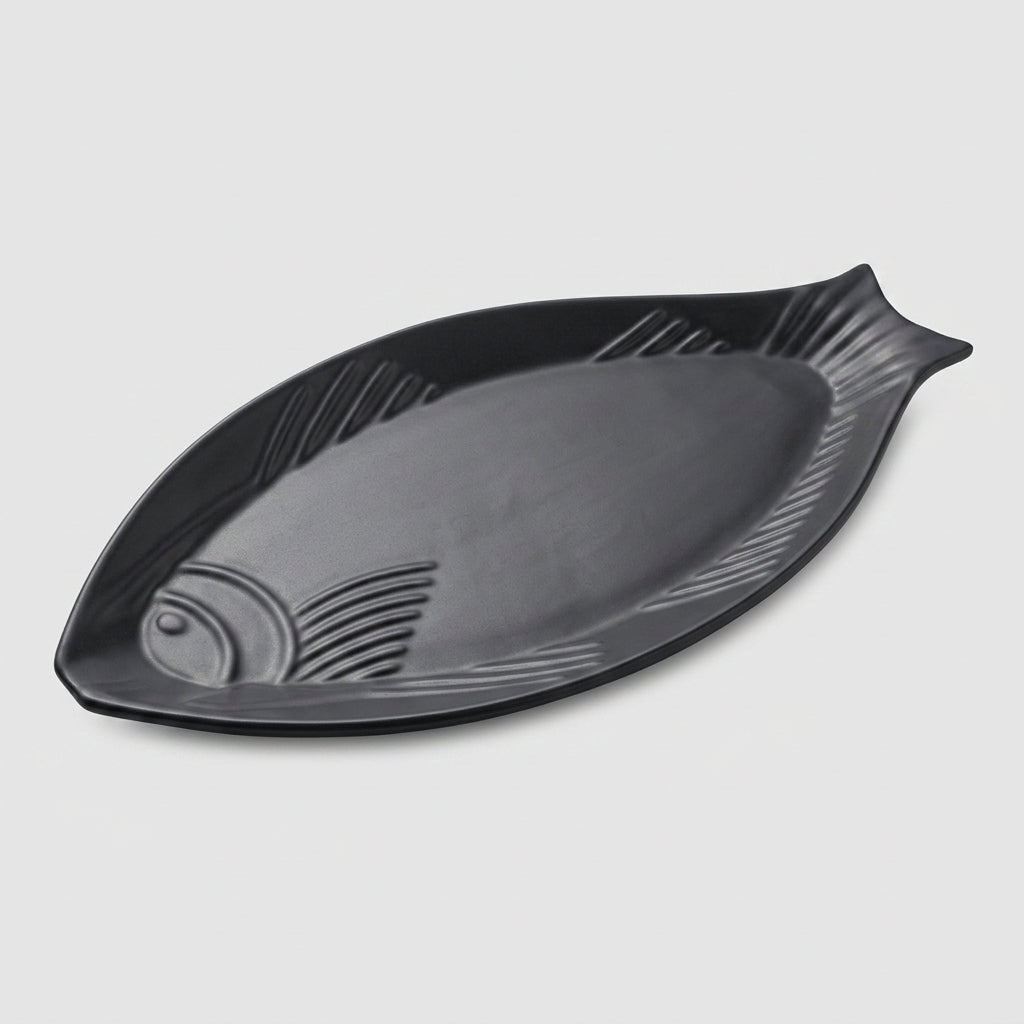 Assiette poisson mélamine noire mate - vue dessus