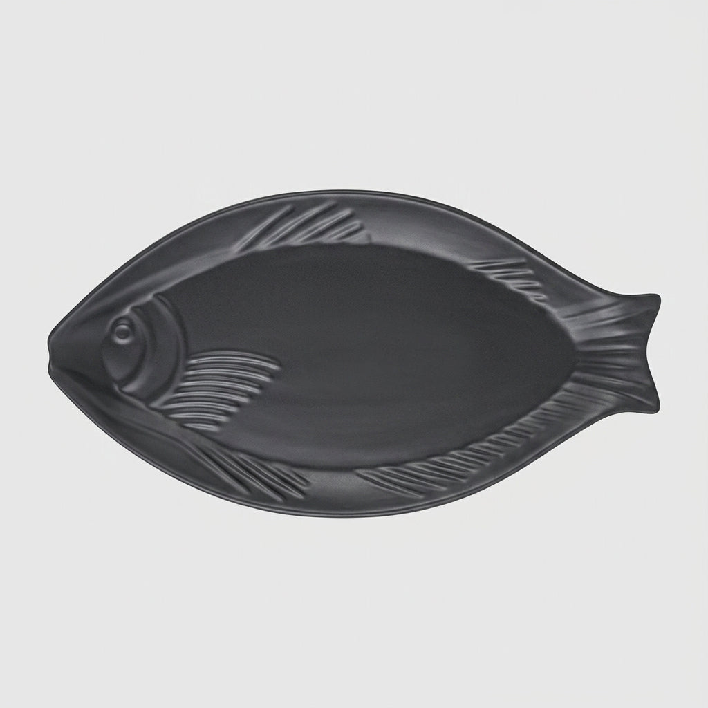 Assiette poisson mélamine noire mate - vue profil