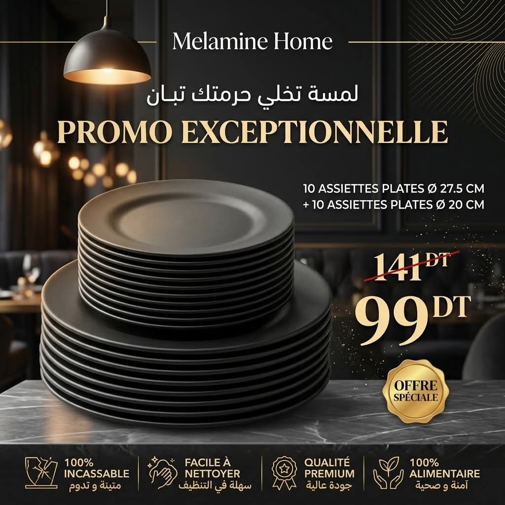 Set Assiettes Mélanine Noir – 20 pièces (Ø 27.5 cm + Ø 20 cm)