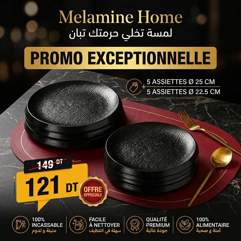 Pack 10 Assiettes Mélanine Noir 5xØ25cm + 5xØ22,5cm Melamine Home
