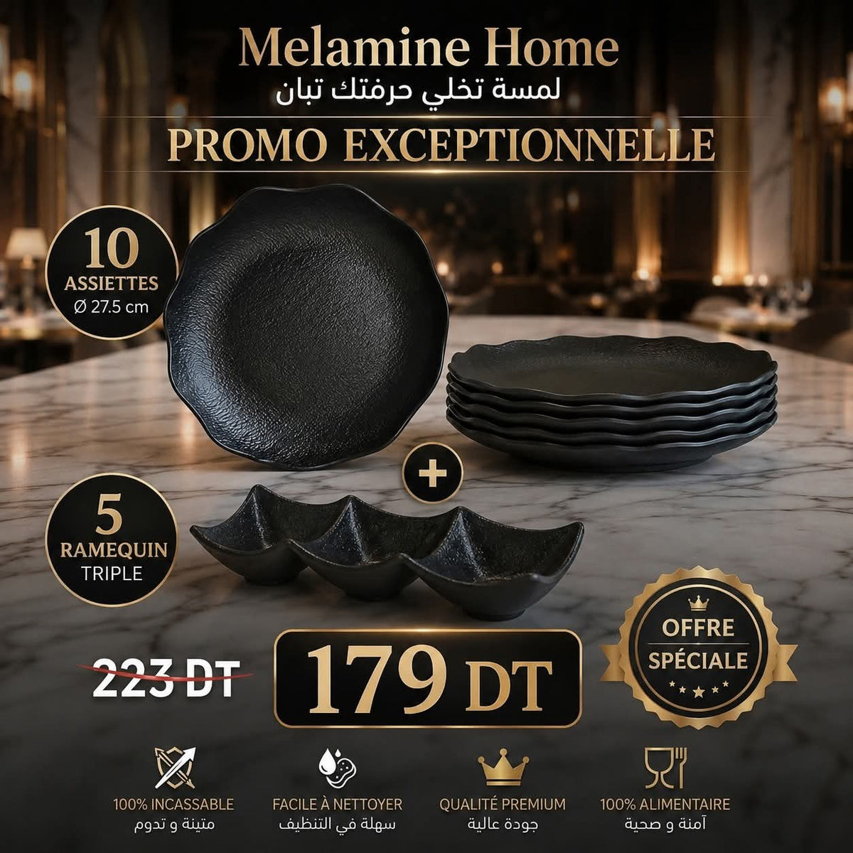 Pack Duo Mélanine Noir 10 Assiettes + 5 Ramequin Triple Melamine Home