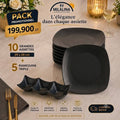 Milalina Pack Promo 10 Grandes Assiettes 29x29cm + 5 Ramequins Triple Mélanine Noir
