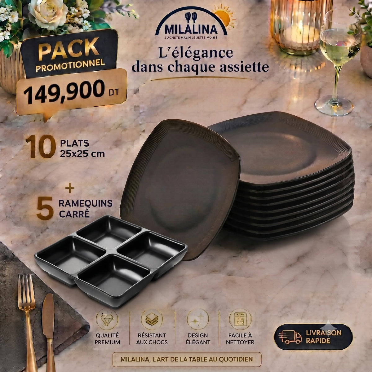 Milalina Pack Promo 10 Plats 25x25cm + 5 Ramequins Carré Mélanine Noir