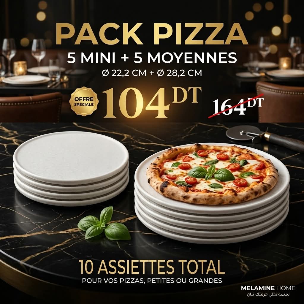 Pack Pizza Mélanine Blanc 5 Mini Ø22,2cm + 5 Moyennes Ø28,2cm Melamine Home