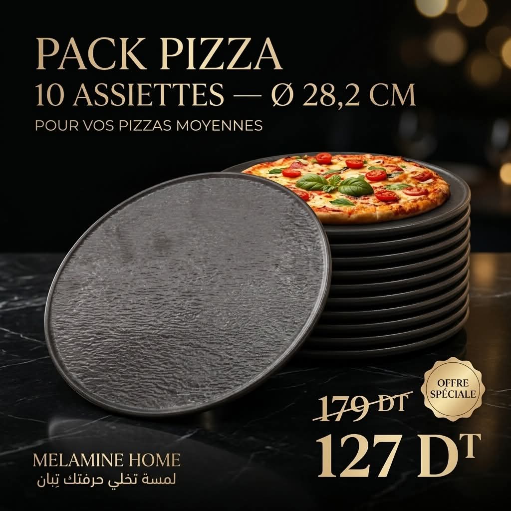 Pack Pizza Mélanine Noir 10 Assiettes Ø28,2cm Melamine Home