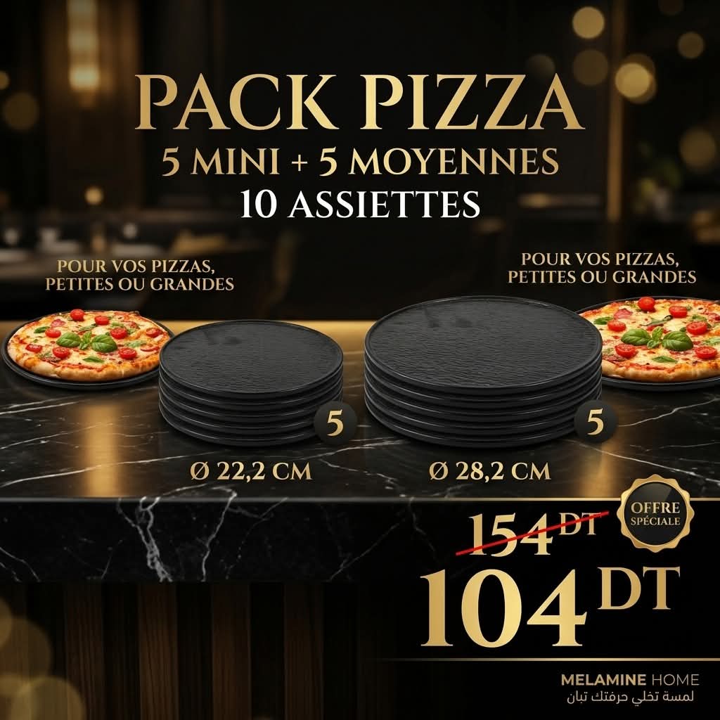 Pack Pizza Mélanine Noir – 5 Mini Ø 22,2 cm + 5 Moyennes Ø 28,2 cm
