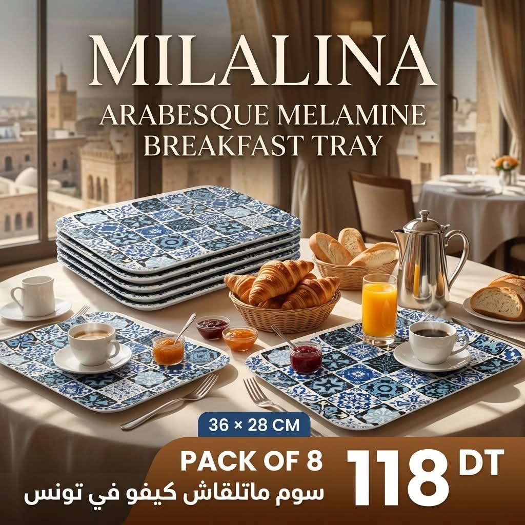 Milalina Arabesque Melamine Breakfast Tray Bleu & Blanc 36x28cm